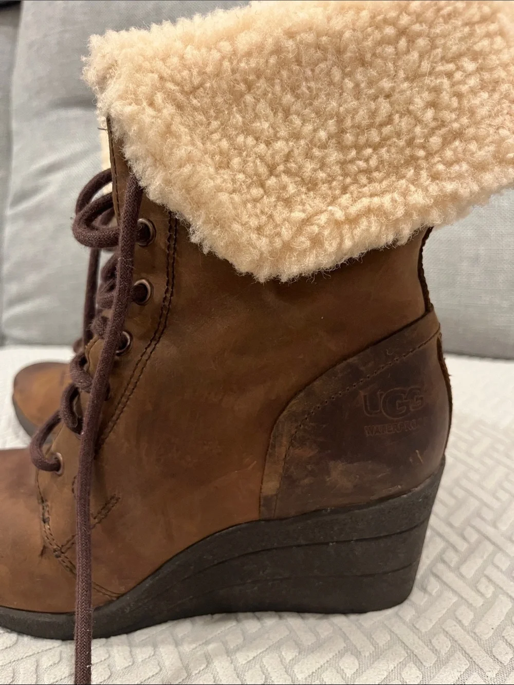 UGG Brown Wedge Lace-Up Ankle Boots with Cream Sherpa Cuff